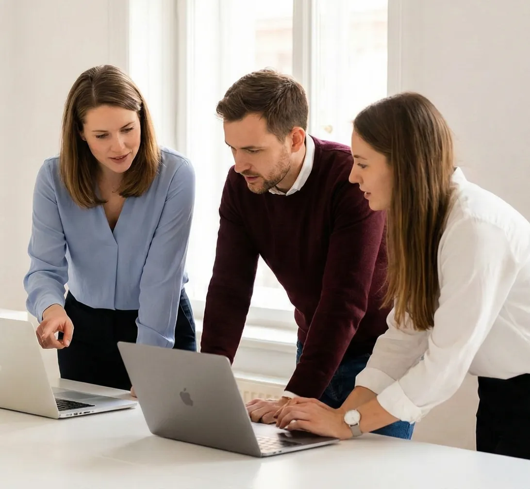 Troje współpracowników w biurze analizujących dane na laptopie — kobieta w niebieskiej koszuli wskazuje na ekran, mężczyzna i druga kobieta przyglądają się wynikom