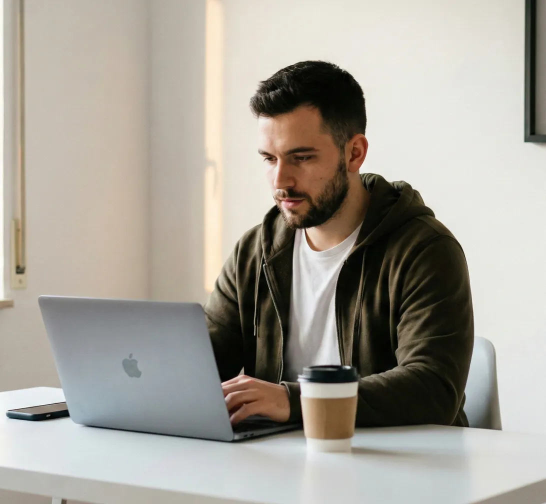 Mężczyzna z brodą pracujący samodzielnie przy laptopie w jasnym biurze domowym, skupiony na analizie wyników kampanii