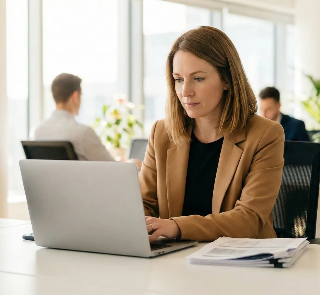 Kobieta w ciemnym swetrze pracująca przy laptopie w biurze open space, przygotowująca raport dla zarządu