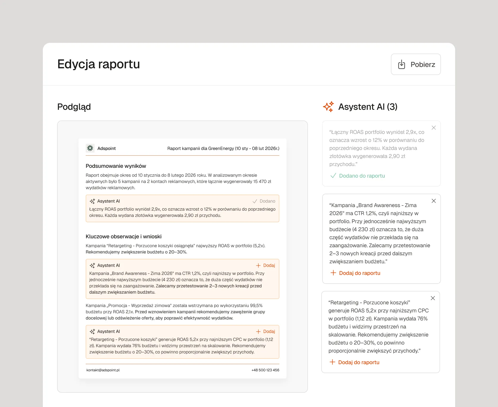 Widok edycji raportu w Raply z automatycznie wygenerowanymi opisami wyników kampanii przez asystenta AI
