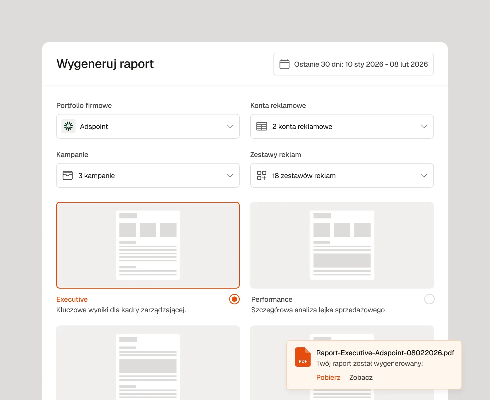 Widok generowania raportu w Raply — wybór szablonu, zakresu dat i podgląd gotowego dokumentu
