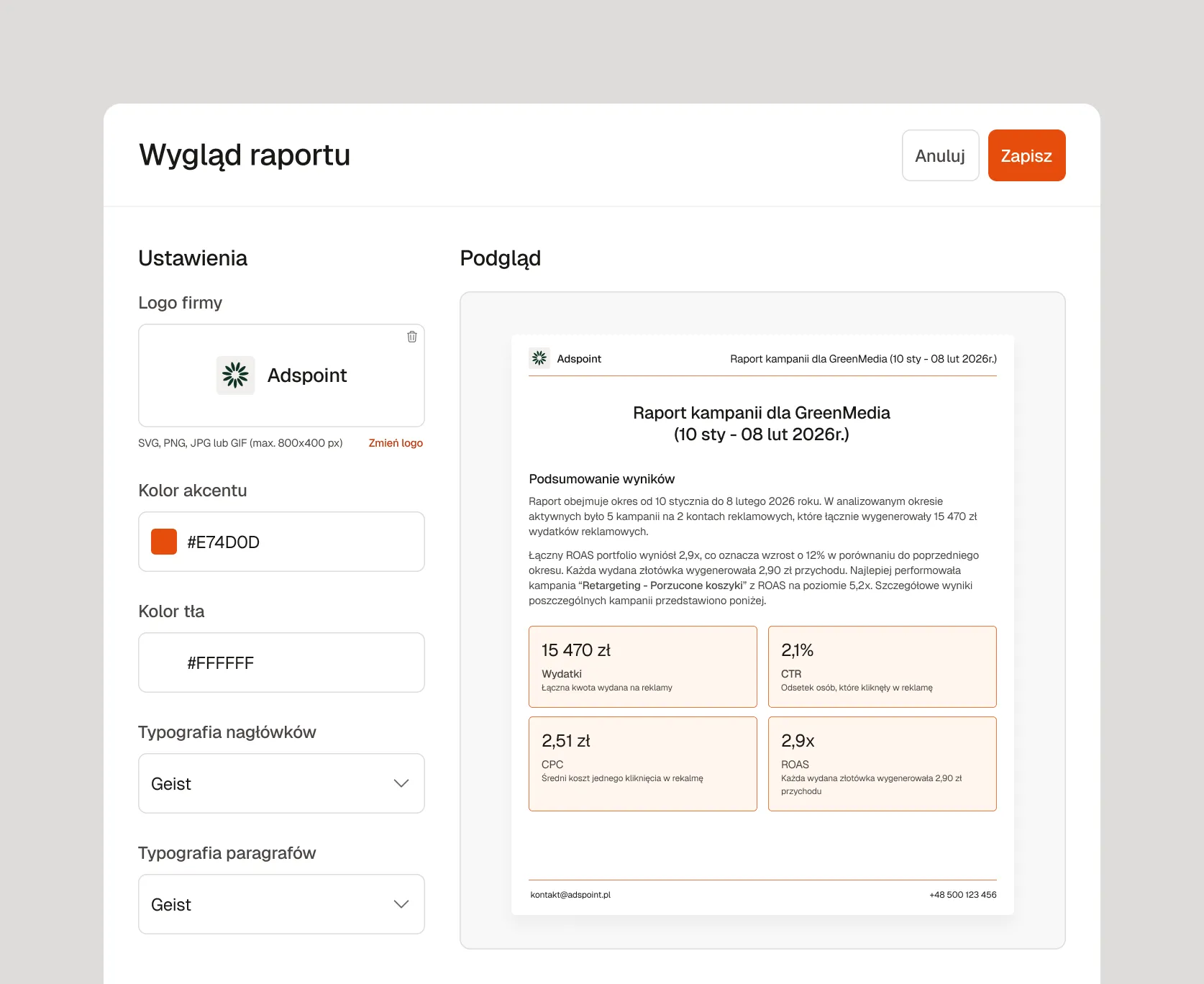 Widok ustawień wyglądu raportu w Raply — personalizacja logo, kolorów firmowych i podgląd raportu z własnym brandingiem