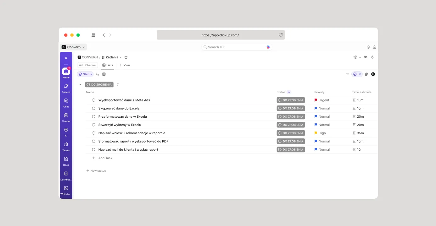 Widok zadań do wykonania związanych z ręcznym tworzeniem raportów z kampanii Meta Ads