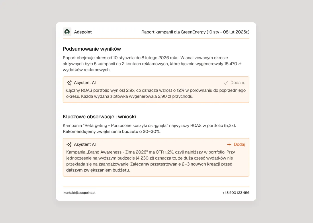 Widok wygenerowanego raportu z kampanii Meta Ads w Raply — podsumowanie wyników, obserwacje AI i rekomendacje optymalizacji