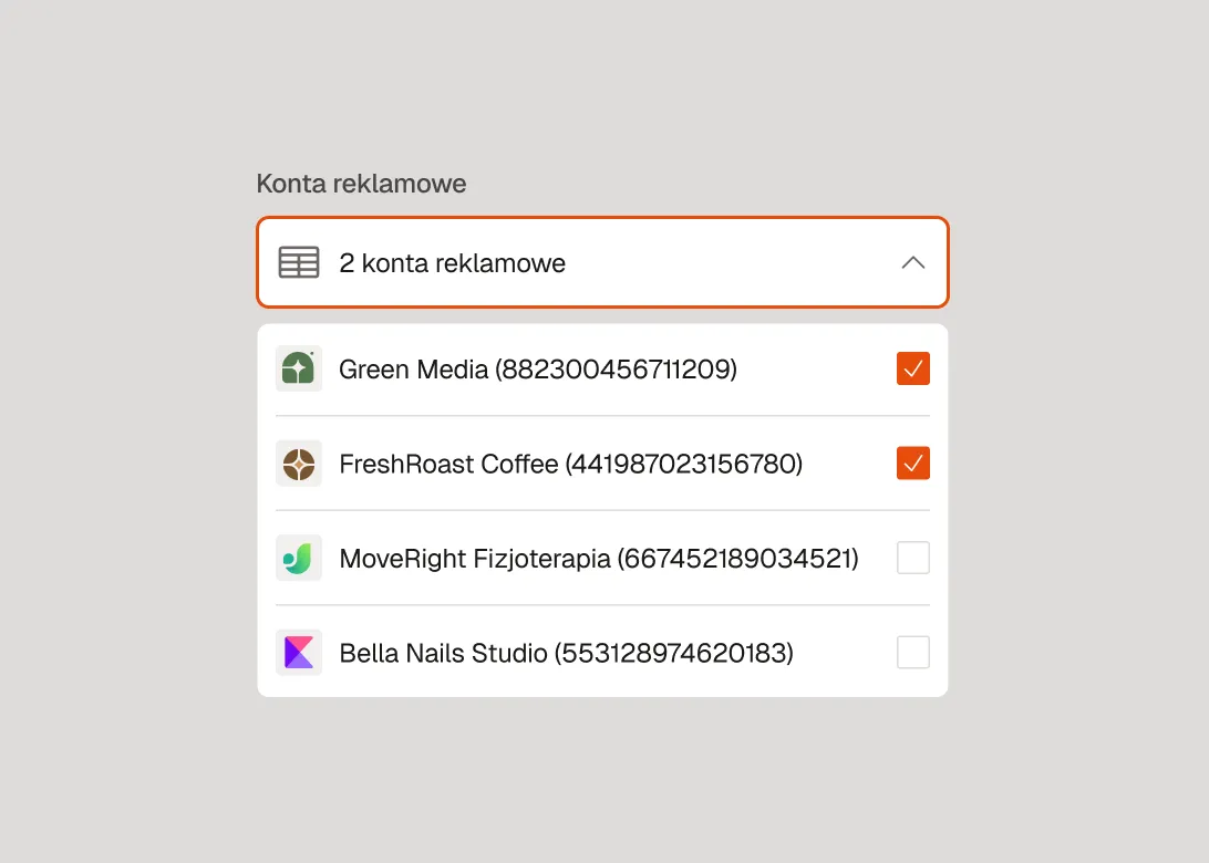 Widok okna integracji konta Meta Ads w Raply — lista kont reklamowych z możliwością wyboru i połączenia