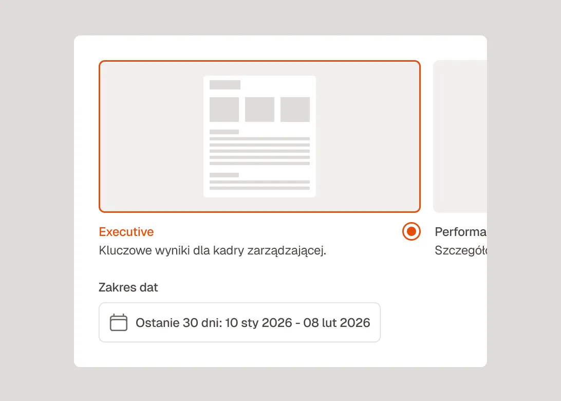 Widok wyboru szablonu raportu w Raply — szablony Executive i Performance z ustawieniem zakresu dat
